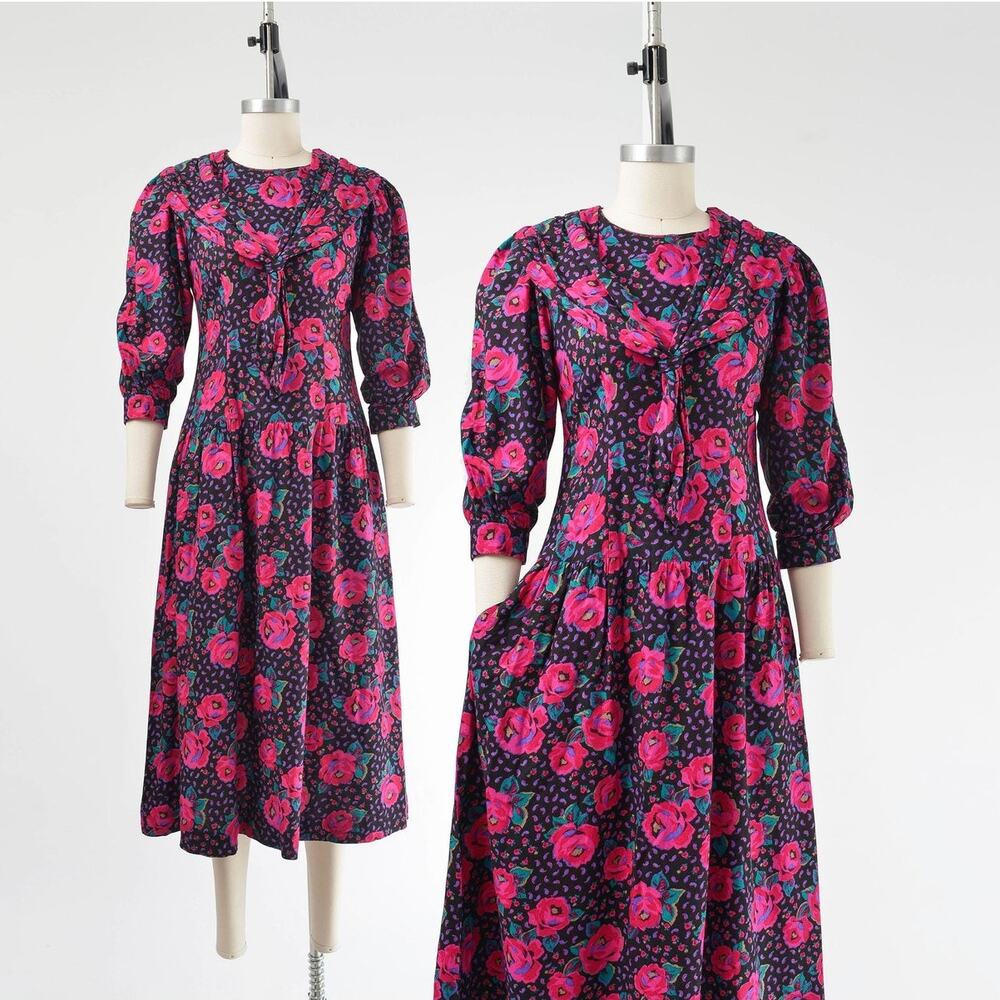 Vintage 80s Lanz Floral Midi Dress Rose Puff Sleeve Prairie Cottagecore XS S